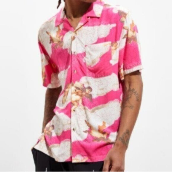 Urban Outfitters hot pink cherub short sleeve button down shirt - Picture 1 of 7